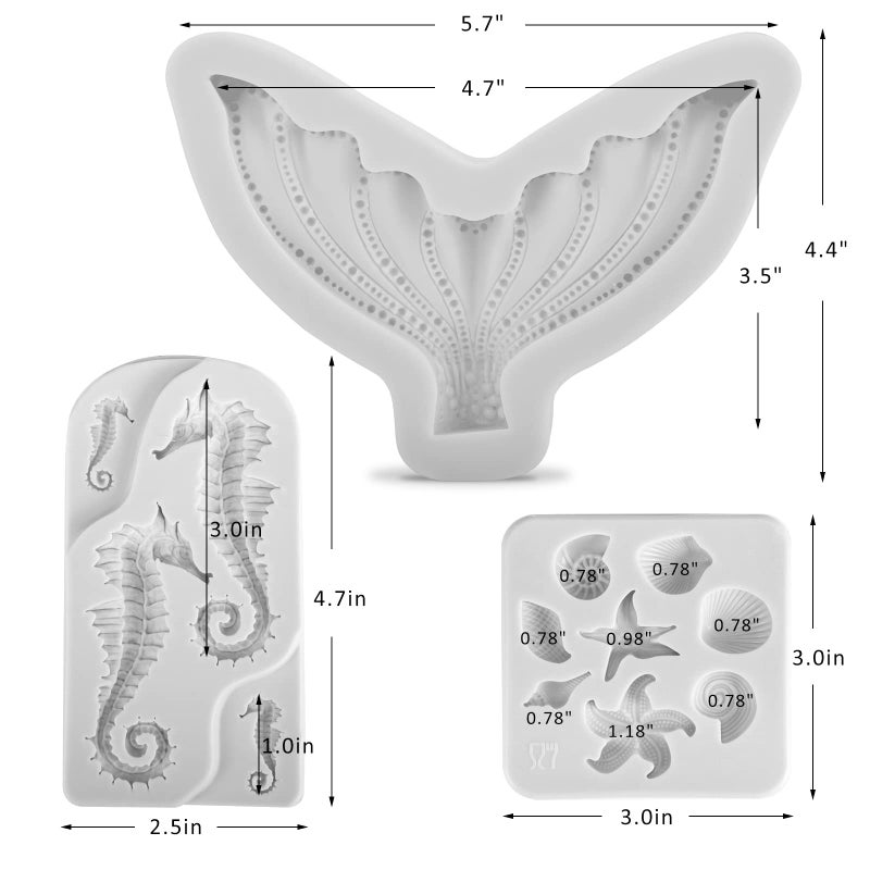 Beasea Mermaid Cake Fondant Mold  3 Pcs Seahorse Seashell Starfish Mermaid Tail Silicone Mold Chocolate Shells Baking Molds for Cake Decorating  Mermaid Chocolate Mold for Candy Melts  Cupcake - Image 3