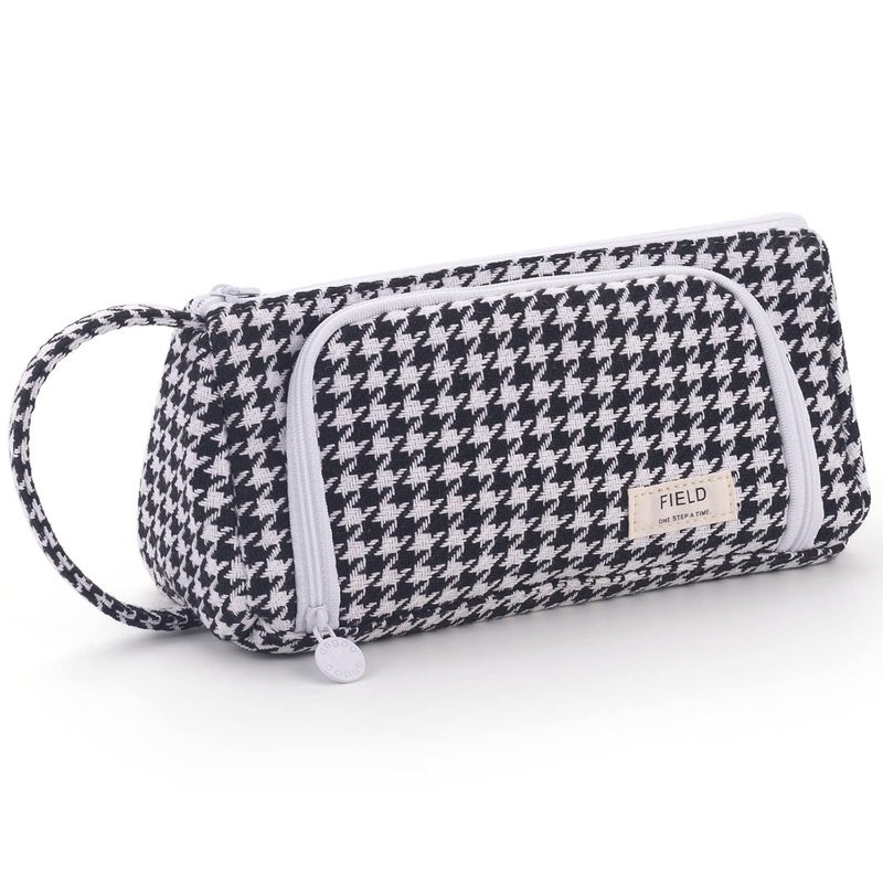 EASTHILL Canvas Big Capacity Pencil Case Pouch Pen Case Simple Stationery Bag School College Office Organizer for Teens Girls Adults Student, Plaid Black, Simple - Image 1