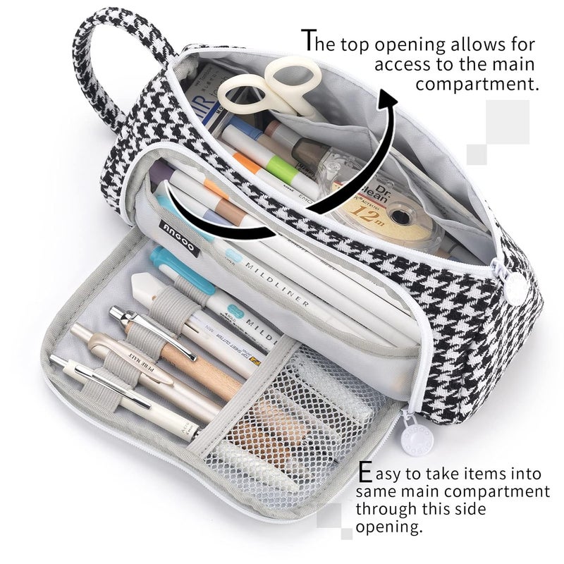 EASTHILL Canvas Big Capacity Pencil Case Pouch Pen Case Simple Stationery Bag School College Office Organizer for Teens Girls Adults Student, Plaid Black, Simple - Image 3