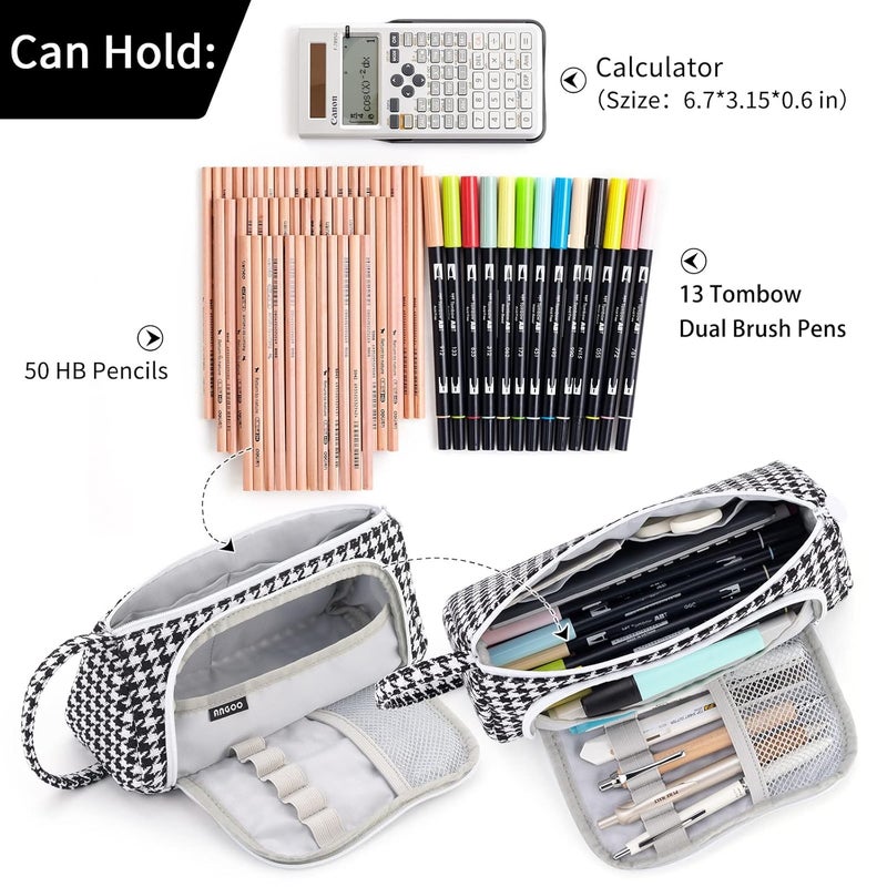 EASTHILL Canvas Big Capacity Pencil Case Pouch Pen Case Simple Stationery Bag School College Office Organizer for Teens Girls Adults Student, Plaid Black, Simple - Image 2