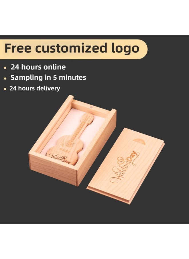 Modern Minimalist Wooden Storage Box Pull Out Guitar Memory Photo USB Drive Storage Box Gift Box Customizable Chinese Style-Color:Maple With Box-Capacity:8GB