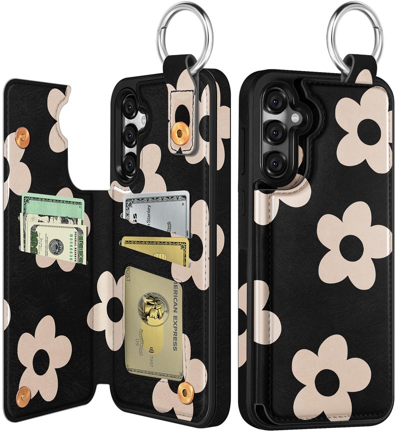 Shorogyt for Samsung Galaxy S24/for Samsung Galaxy S25 Wallet Case with Card Holder - Designer Black Flower Pattern Kickstand Magnetic Clasp Back Flip Folio Leather Phone Cases for S24 for Women Girls - Image 1