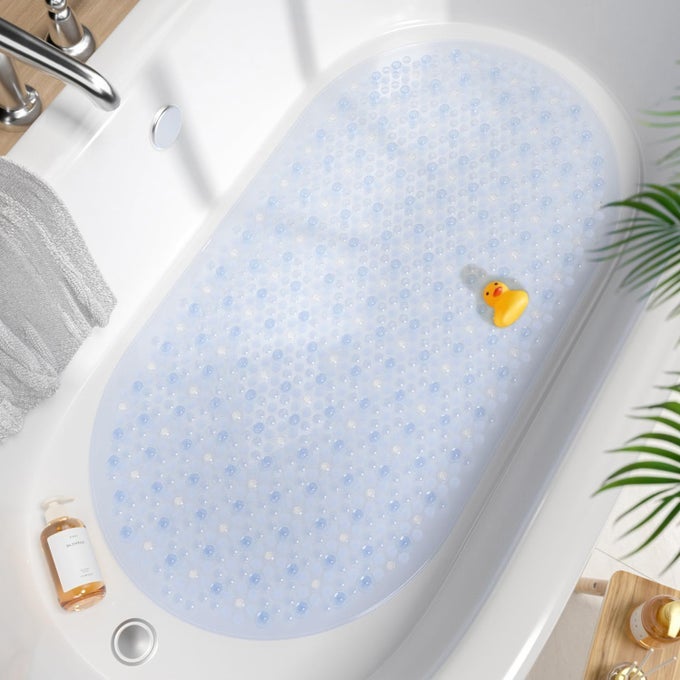BATHTUB MAT NON SLIP 27X15 INCH BUBBLE OVAL BATH TUB MAT FOR BATHROOM MACHINE WASHABLE SHOWER MAT WITH SUCTION CUPS AND DRAIN HOLES CLEAR