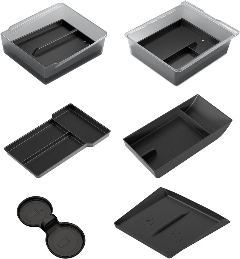 SUMK Center Console Organizer Tray for Tesla Model Y Juniper Accessories 2025 2026, [Premium PC + Soft Silicone Liner] Lower Layer Pads Cup Holder Wireless Charging Mat for Tesla Model Y Accessories - Image 1