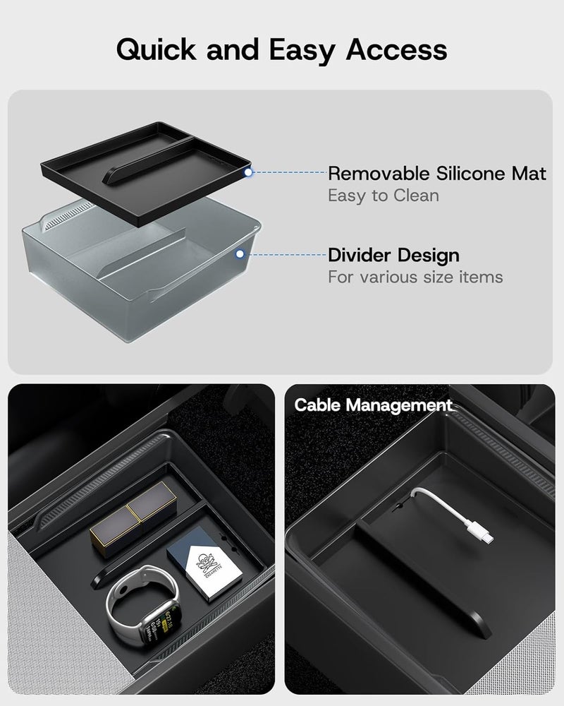 SUMK Center Console Organizer Tray for Tesla Model Y Juniper Accessories 2025 2026, [Premium PC + Soft Silicone Liner] Lower Layer Pads Cup Holder Wireless Charging Mat for Tesla Model Y Accessories - Image 4