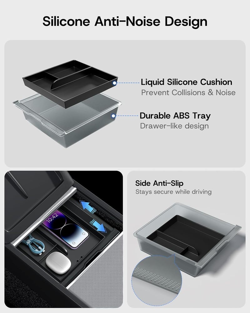 SUMK Center Console Organizer Tray for Tesla Model Y Juniper Accessories 2025 2026, [Premium PC + Soft Silicone Liner] Lower Layer Pads Cup Holder Wireless Charging Mat for Tesla Model Y Accessories - Image 3