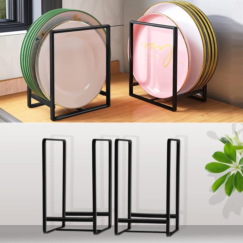 MINGFANITY 4PCS Plate Holders Organizer Metal Dish Storage Dying Display Rack for Cabinet Counter and Cupboard Black 4 Large