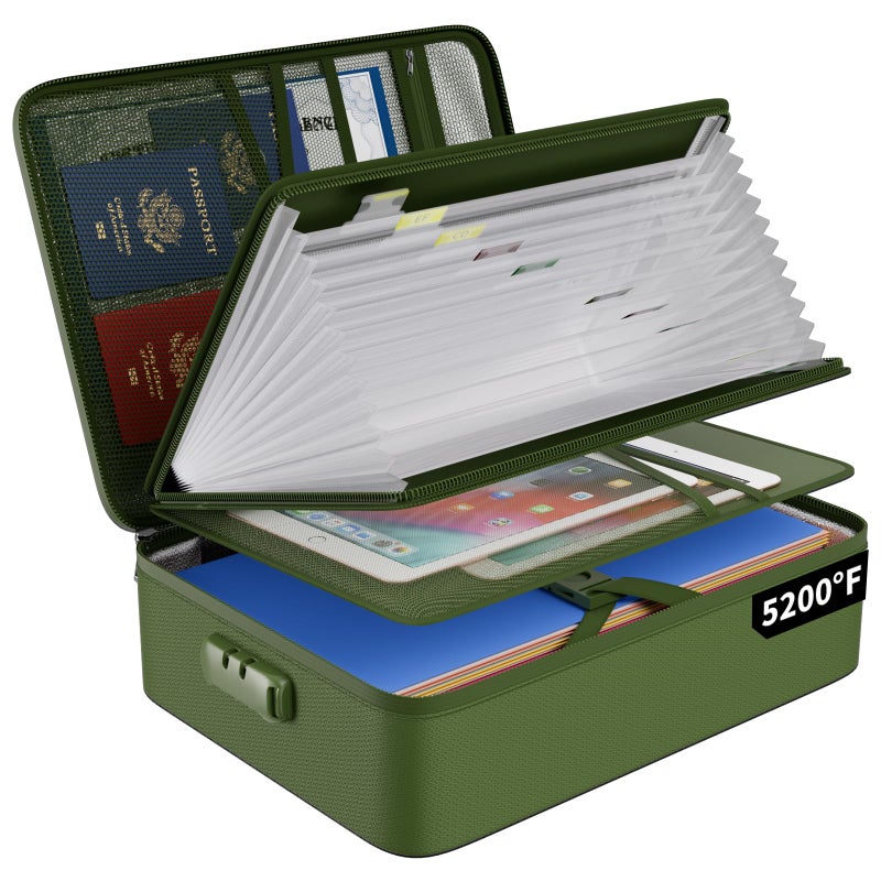 ENGPOW 5200â„‰ Fireproof File Organizer Bag with 13 Pocket Accordion File Folder,Document Organizer Box with Lock&Labels,Multi-Layer Portable Home Travel Safe Storage for Important Documents,Green - Image 1