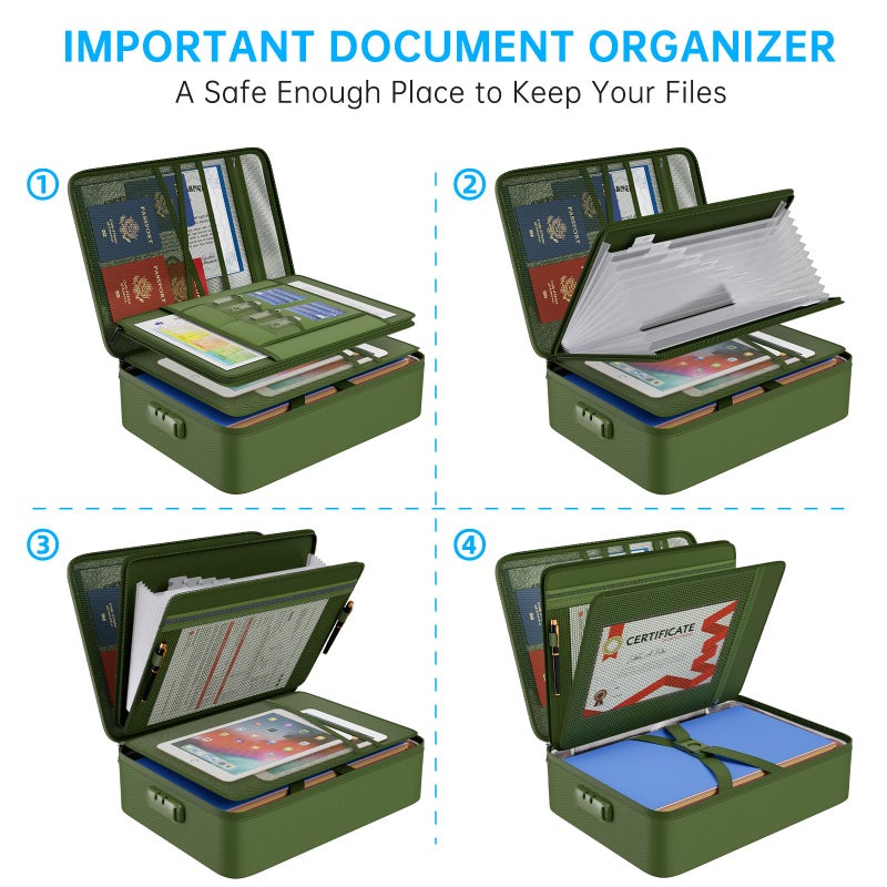 ENGPOW 5200â„‰ Fireproof File Organizer Bag with 13 Pocket Accordion File Folder,Document Organizer Box with Lock&Labels,Multi-Layer Portable Home Travel Safe Storage for Important Documents,Green - Image 3
