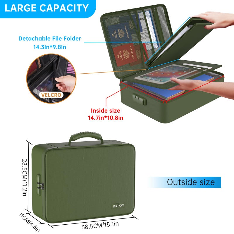 ENGPOW 5200â„‰ Fireproof File Organizer Bag with 13 Pocket Accordion File Folder,Document Organizer Box with Lock&Labels,Multi-Layer Portable Home Travel Safe Storage for Important Documents,Green - Image 5