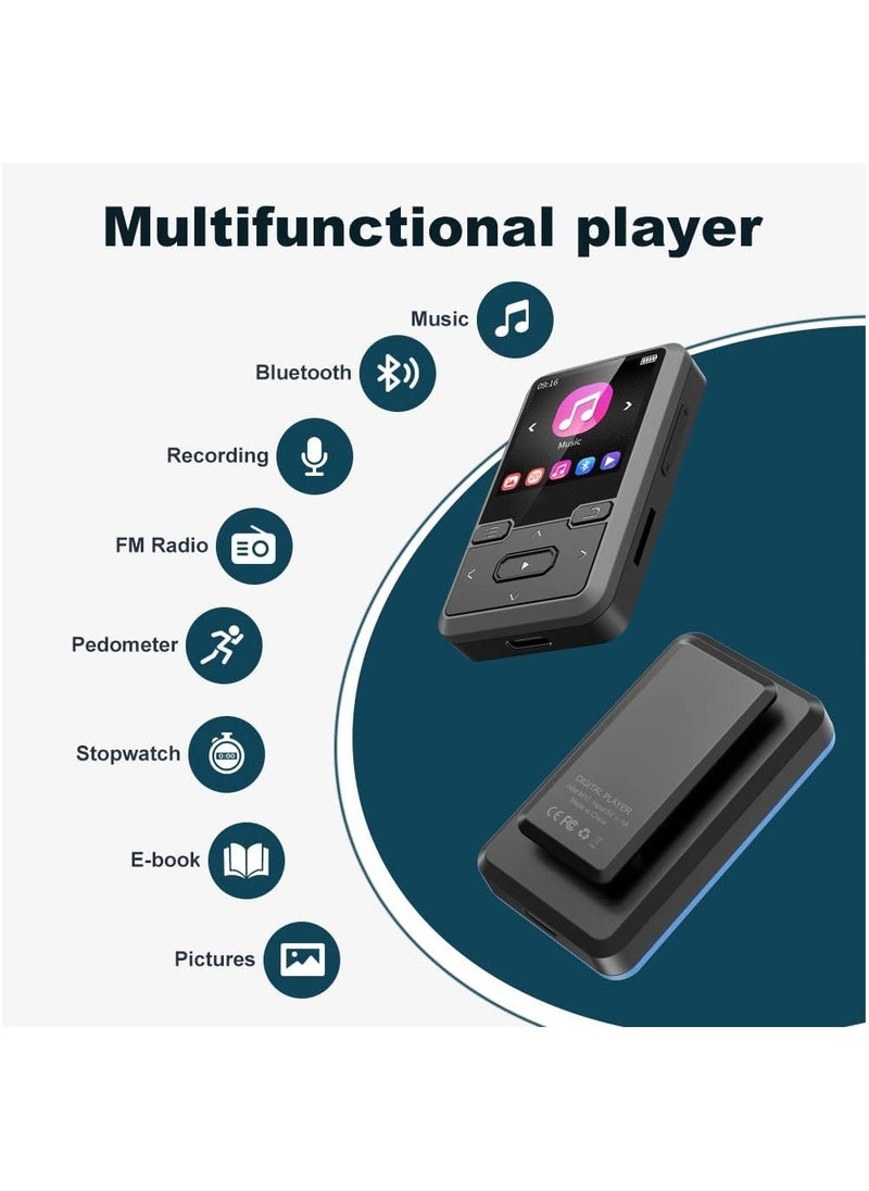 LAESO - 32GB Clip MP3 Player Bluetooth 5.0, Portable Wearable Sports Music Player, Ultra Light Hi-Fi Lossless Sound Quality MP3 Player for Kids, FM Radio Support, Pedometer, Max 128GB (Black) - Image 1