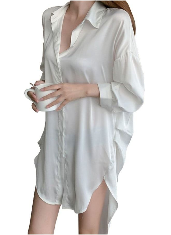 ZCM-HAPPY - Ladies Spring And Summer Long-Sleeved White Shirt Nightdress Solid Colour Sleepwear Nightwear - Image 1