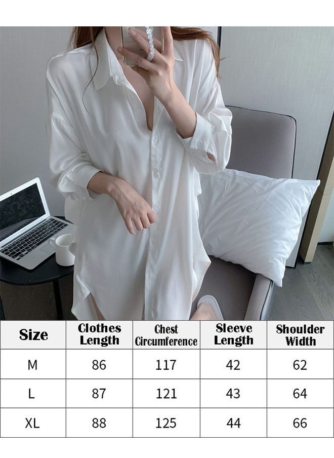 ZCM-HAPPY - Ladies Spring And Summer Long-Sleeved White Shirt Nightdress Solid Colour Sleepwear Nightwear - Image 1