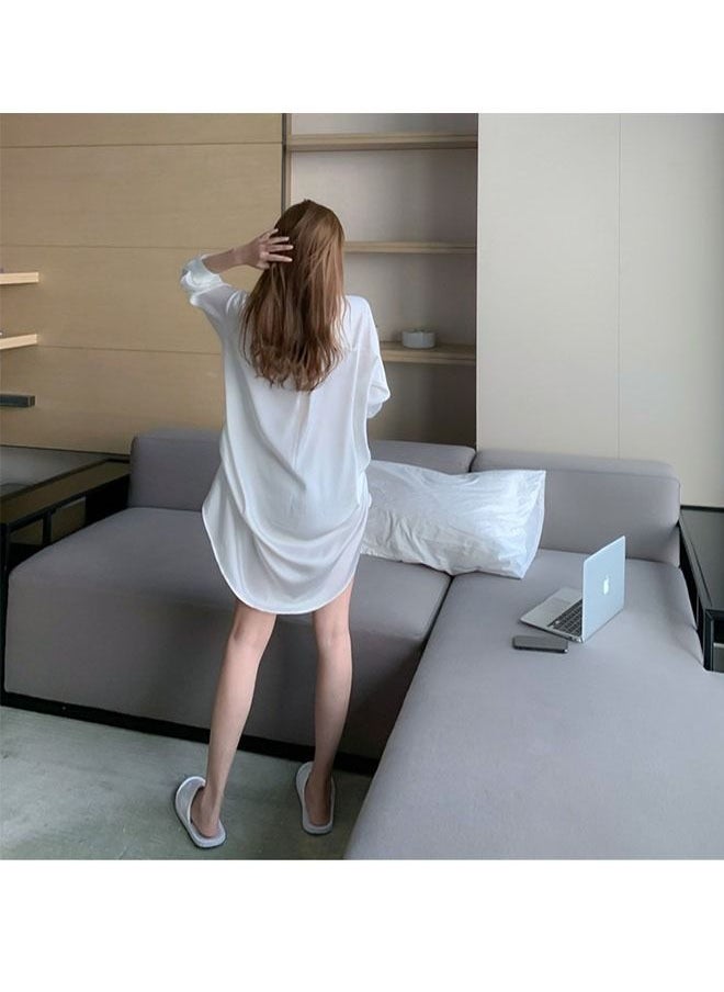 ZCM-HAPPY - Ladies Spring And Summer Long-Sleeved White Shirt Nightdress Solid Colour Sleepwear Nightwear - Image 1