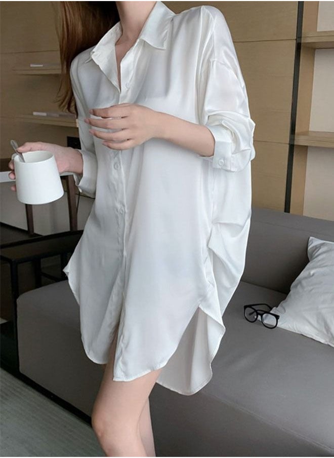 ZCM-HAPPY - Ladies Spring And Summer Long-Sleeved White Shirt Nightdress Solid Colour Sleepwear Nightwear - Image 1