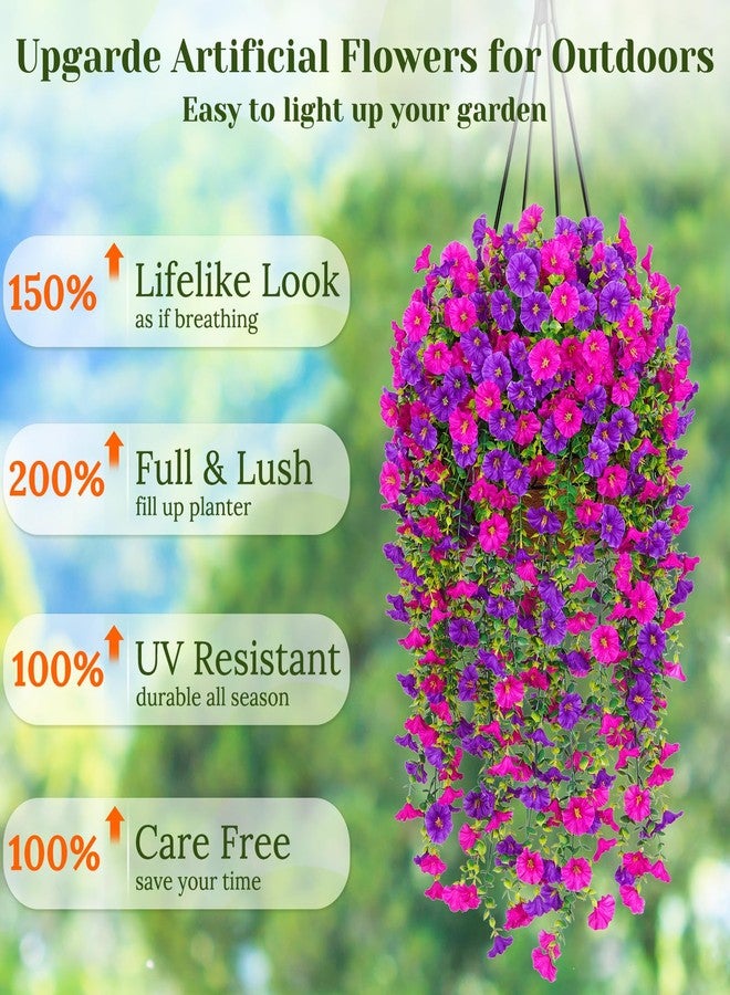 Dolicer 2 Packs Realistic Artificial Flowers for Outdoors, Fake Artificial Hanging Flowers for Outdoors UV Resistant Hanging Flowers Silk Petunia Faux Flowers for Porch Garden Patio (Purple+Fuchsia) - Image 2