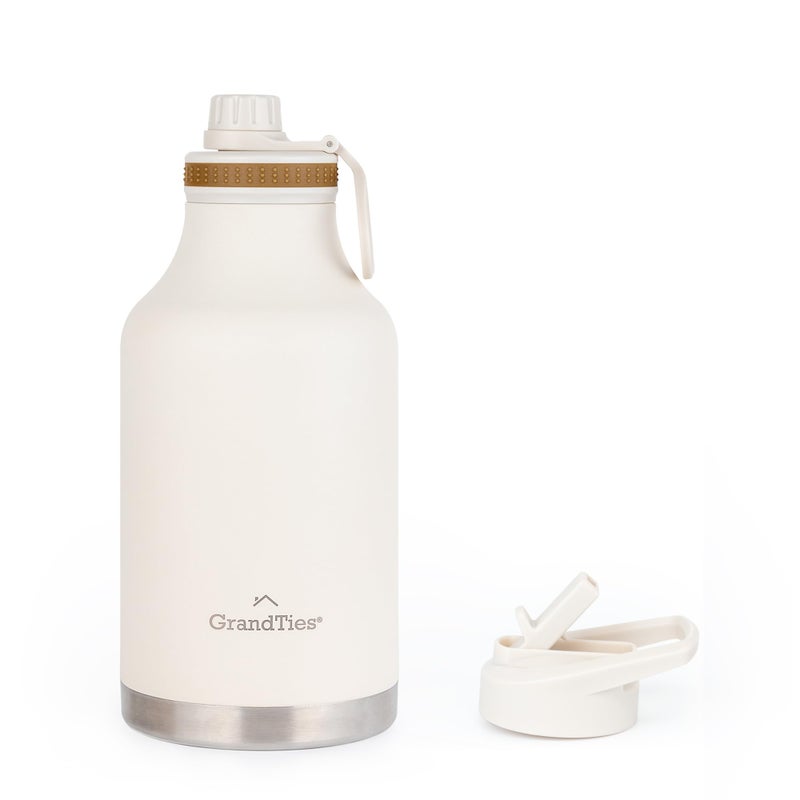 GRANDTIES 2 Lids Sports Stainless Steel Water Bottles - Wide Mouth Vacuum Insulated Reusable Leak Proof BPA-Free Travel Metal Canteen  Thermos Bottles for Men Women Gym (Ivory White 64 oz) - Image 1
