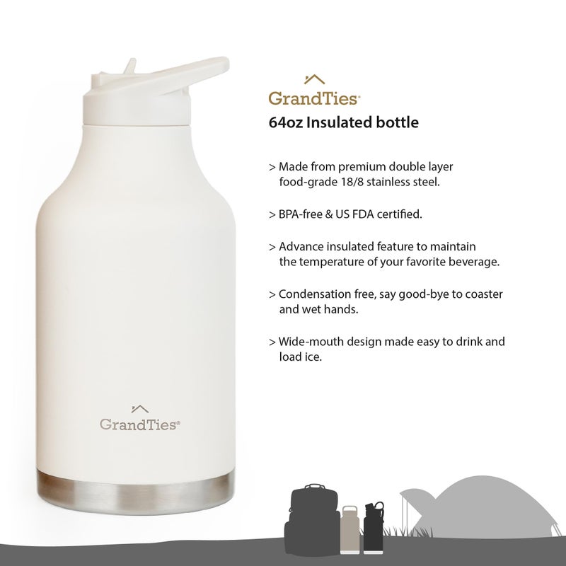 GRANDTIES 2 Lids Sports Stainless Steel Water Bottles - Wide Mouth Vacuum Insulated Reusable Leak Proof BPA-Free Travel Metal Canteen  Thermos Bottles for Men Women Gym (Ivory White 64 oz) - Image 2