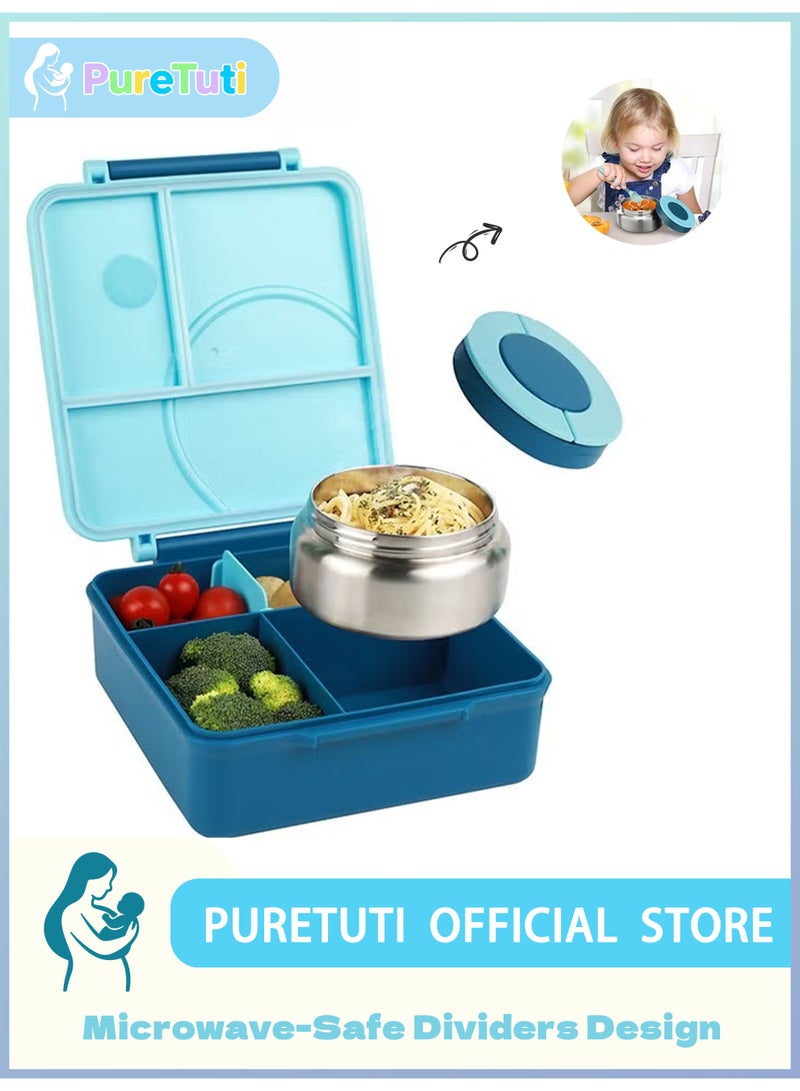 PureTuti Portable Lunch Box with Food Grade Stainless Steel, Maternal and infant grade materials，3-Compartment Large Storage Space and 1 Extra Rice Bowl, Leak proof, Microwave, Dishwasher, Freezer Safe, Bpa-Free, Blue - Image 1