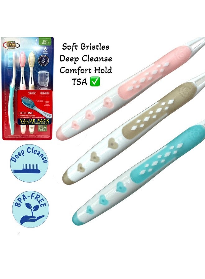 ALAZCO 3pc Soft Bristles Toothbrush Deep Cleaning Sensitive Teeth Gum Extra Fine Bristles Ergonomic Non-Slip Comfort Hold Tooth Brush & Caps Pastel Colors BPA-Free - Image 3