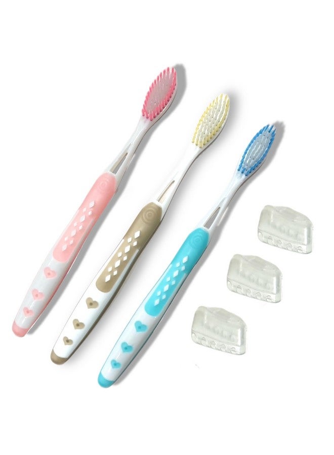 ALAZCO 3pc Soft Bristles Toothbrush Deep Cleaning Sensitive Teeth Gum Extra Fine Bristles Ergonomic Non-Slip Comfort Hold Tooth Brush & Caps Pastel Colors BPA-Free - Image 1