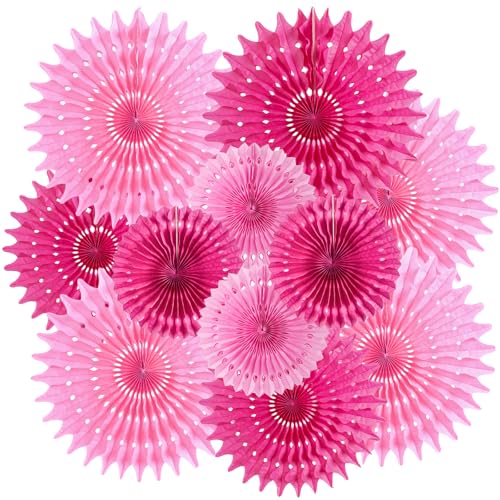 SUNBEAUTY Hanging Honeycomb Paper Fans Hot Pink Party Decorations Fuchsia Pink Birthday Paper Decoration for Wedding Graduation Events Accessories - 12Pcs - Image 1