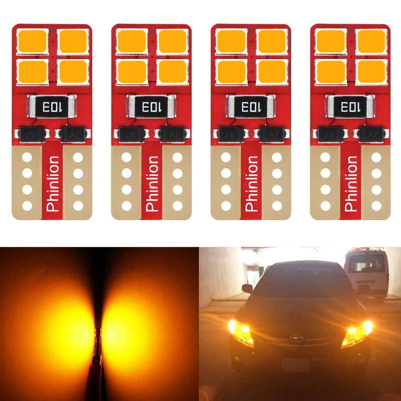PHINLION 12V T10 168 194 Amber Yellow LED Bulbs Super bright Minitaure 2835 8SMD Wedge 12961 12396 Car Interior Dome Map Door Courtesy Side Maker Lights Pack of 4