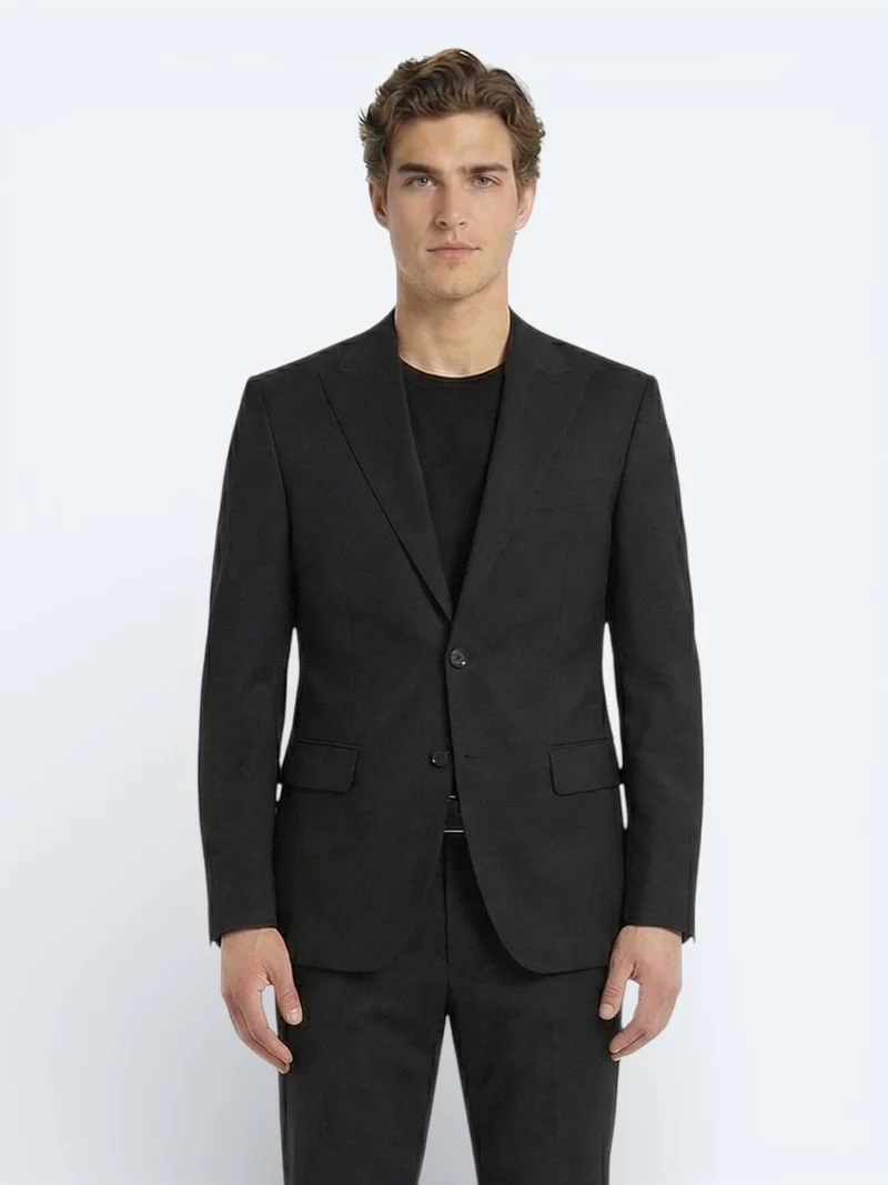 Kip Black Plain Modern Fit Wool Blended Suit