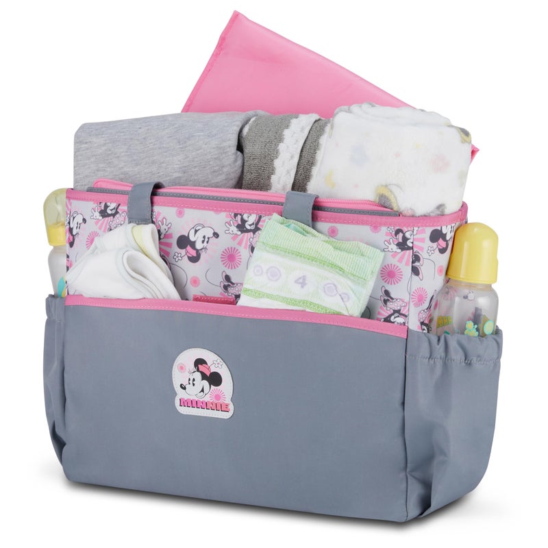Disney حقيبة حفاضات سفر متعددة الوظائف من ديزني بيبي مع وسادة تغيير، ميني وردي رمادي - Image 2