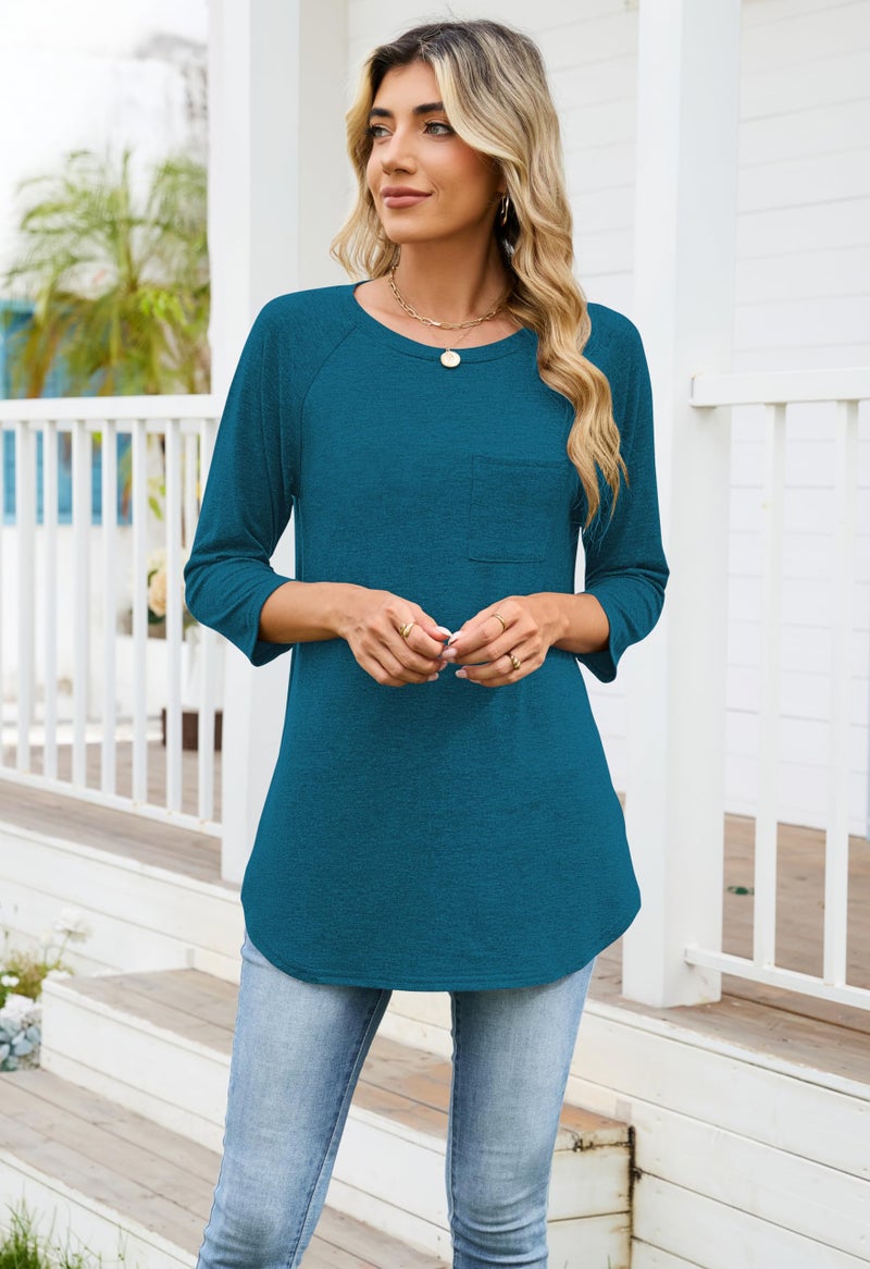 SimpleFun Tunic Shirts for Women for Leggings 3 Quarter Sleeve Tops Longline Flattering Tops to Hide Tummy Peacock Blue XL - Image 3