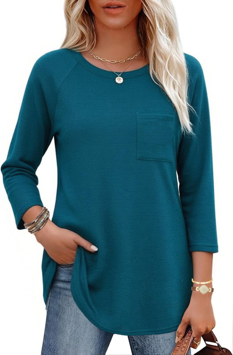 SimpleFun Tunic Shirts for Women for Leggings 3 Quarter Sleeve Tops Longline Flattering Tops to Hide Tummy Peacock Blue XL - Image 1