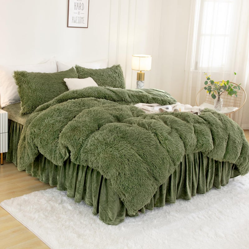 Andency و ency فو فو فرو سيج الأخضر مجموعة الحجم الكامل 3 قطع من النعمة الفخمة الفخمة غامضة مجموعة المعزي (1 شاغي المخملية المعزي و 2 بيدات) ناعم منتفخ مريح أسفل الفراش المعزي - Image 2