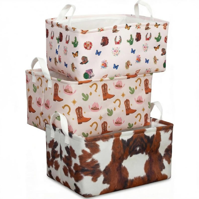 BBSET Western Rectangular Storage Basket Highland Cow Cute Storage Bins Box with Handles Cowskin Printed Shelf Basket Ideal for Kids Room Decor Books Organizing Clothes Toys Cute cow - Image 2