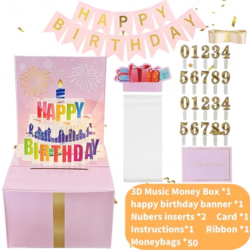 JINSTABAG Birthday Money Box for Cash Gift, Money Pull Box with Music Light 3D Cake and DIY Number Placard for Any Age, Birthday Decorations for Boys Girls Kids Adult (Pink) - Image 5