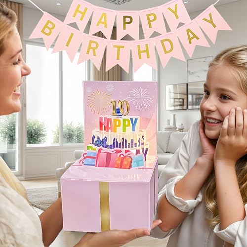 JINSTABAG Birthday Money Box for Cash Gift, Money Pull Box with Music Light 3D Cake and DIY Number Placard for Any Age, Birthday Decorations for Boys Girls Kids Adult (Pink) - Image 2