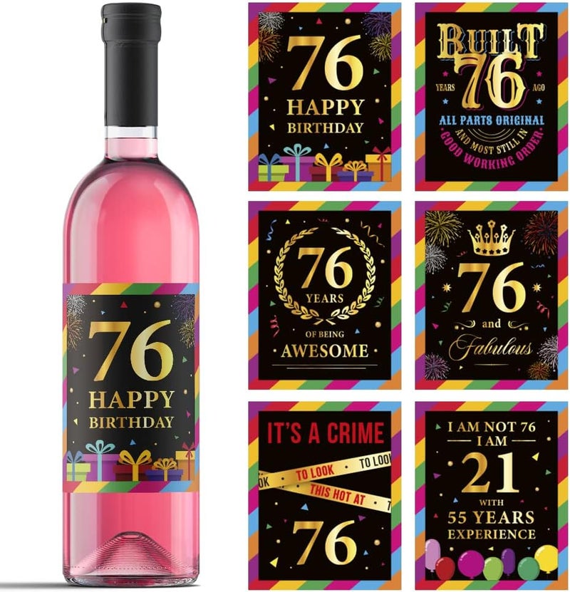 Paintio 76th Birthday Wine Labels - Wine Bottle Stickers Birthday Supplies for 76 Years Old Happy Birthday Party - Gift Idea for Birthday Anniversary - 76th Birthday Party Decorations [Set of 6] - Image 1