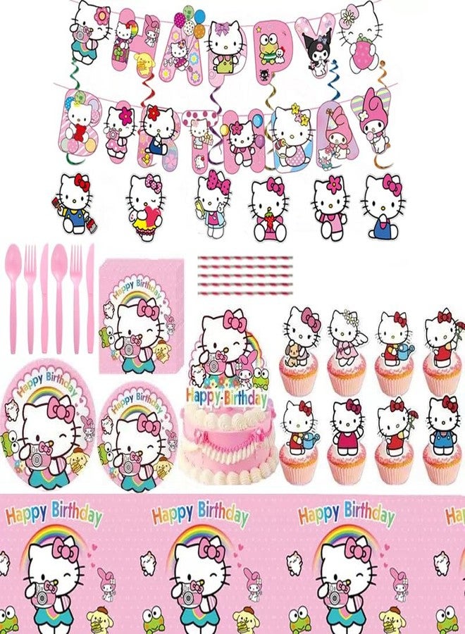 Jlemon 113 pcs Hello Pink Cat Kawai Cat Party Decorations 1pc Tablecover 20 pcs Plates and 20 pcs Napkins 1pc Birthday Banner 6pcs Hang Swirls 10PCS Spoons Knives Fork Paper Straws and 25pcs Cake Topper - Image 1