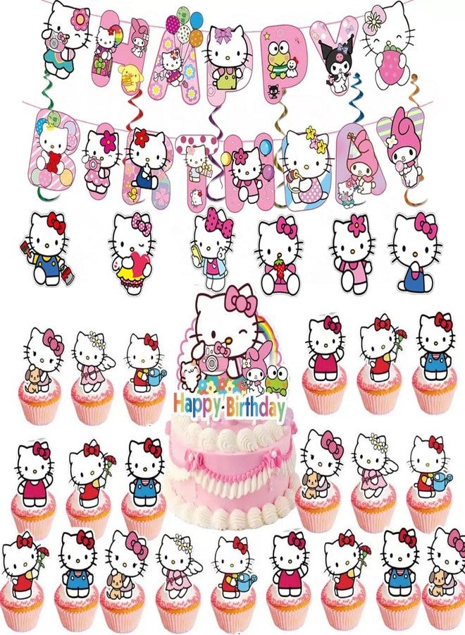 Jlemon 113 pcs Hello Pink Cat Kawai Cat Party Decorations 1pc Tablecover 20 pcs Plates and 20 pcs Napkins 1pc Birthday Banner 6pcs Hang Swirls 10PCS Spoons Knives Fork Paper Straws and 25pcs Cake Topper - Image 3