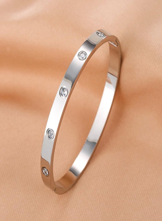 Tidefire Stainless Stee Crystal Cubic Zirconia Bracelet 18K Gold Plated Women Bracelet Titanium Steel Bangle (084 Silver) - Image 5