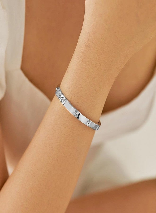Tidefire Stainless Stee Crystal Cubic Zirconia Bracelet 18K Gold Plated Women Bracelet Titanium Steel Bangle (084 Silver) - Image 2