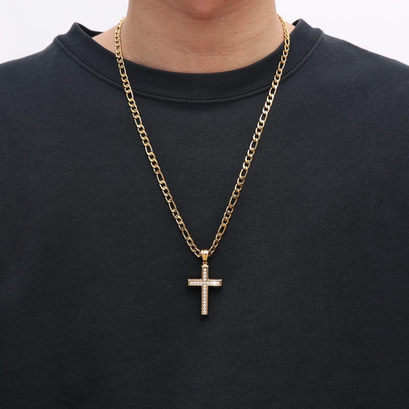 HZMAN 24K Gold-Plated Solid CZ Cross Necklace for Men Women Stainless Steel Religion Jewelry with 24 Inch Figaro Chain (Gold) - Image 4