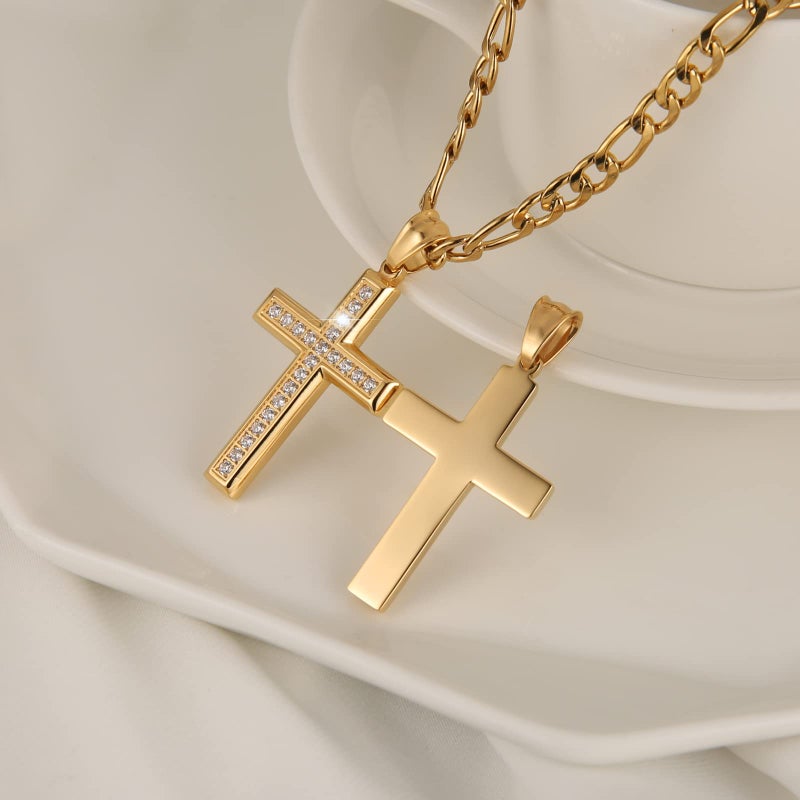HZMAN 24K Gold-Plated Solid CZ Cross Necklace for Men Women Stainless Steel Religion Jewelry with 24 Inch Figaro Chain (Gold) - Image 3