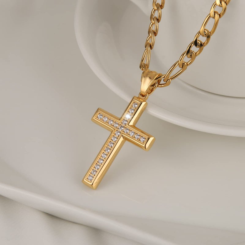 HZMAN 24K Gold-Plated Solid CZ Cross Necklace for Men Women Stainless Steel Religion Jewelry with 24 Inch Figaro Chain (Gold) - Image 2