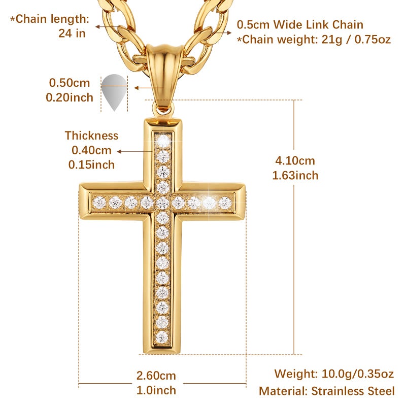HZMAN 24K Gold-Plated Solid CZ Cross Necklace for Men Women Stainless Steel Religion Jewelry with 24 Inch Figaro Chain (Gold) - Image 5