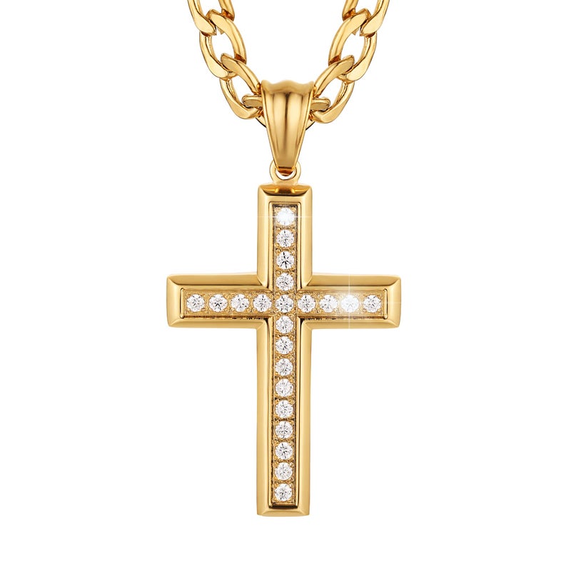 HZMAN 24K Gold-Plated Solid CZ Cross Necklace for Men Women Stainless Steel Religion Jewelry with 24 Inch Figaro Chain (Gold) - Image 1