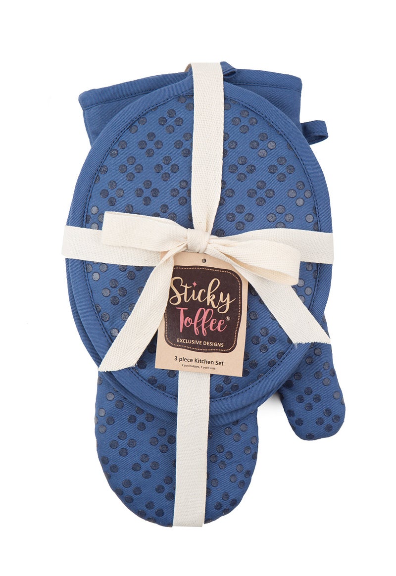 Sticky Toffee Oven Mitt and Pot Holders Silicone Set of 3  Non-Slip Kitchen Hot Pads and Oven Mitts Set  Oeko-Tex 100% Cotton Shell  Dark Blue  - Image 5