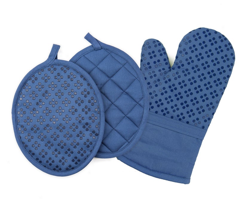 Sticky Toffee Oven Mitt and Pot Holders Silicone Set of 3  Non-Slip Kitchen Hot Pads and Oven Mitts Set  Oeko-Tex 100% Cotton Shell  Dark Blue  - Image 1