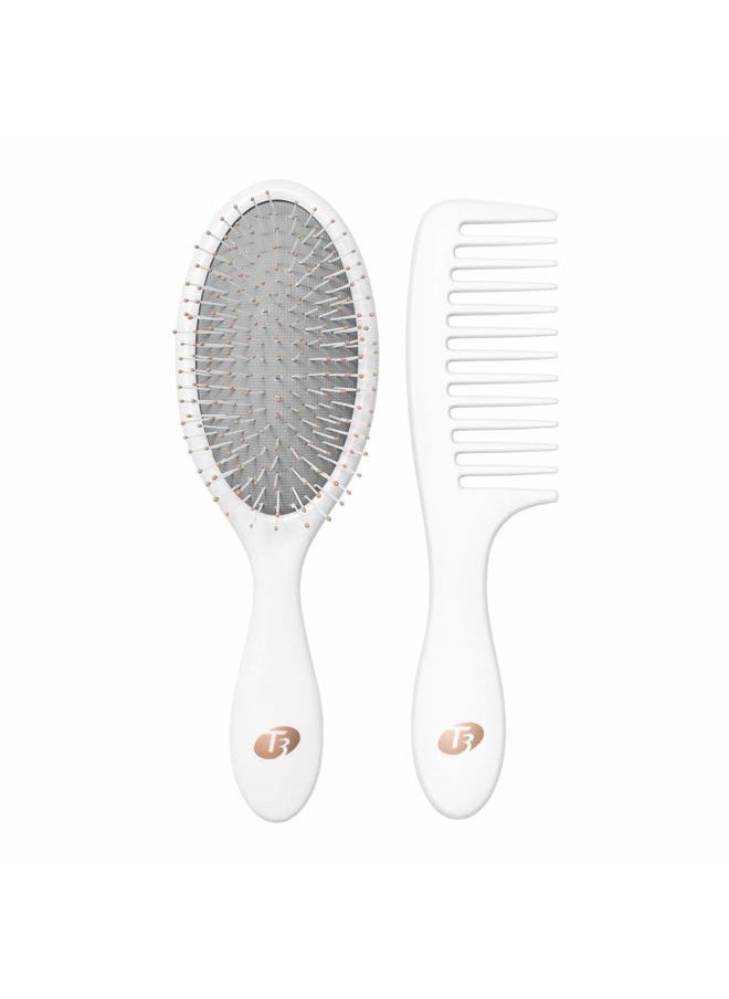 T3 Micro Detangle Duo Brush Set | Detangling Brush and Shower Comb Set | Comb to Disperse Liquid & Brush to Detangle Wet Hair| For All Hair Lengths and Textures, white, 1 Count (Pack of 1)  - Image 1