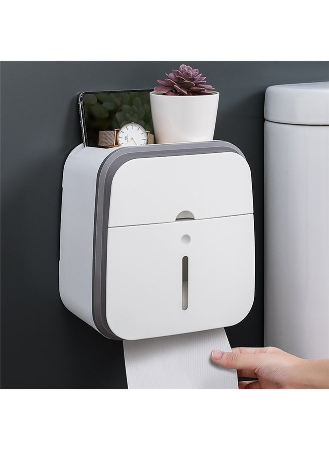 yongsheng Wall Mounted Tissue Paper Dispensing Box 20.5*13.8*22cm，Tissue Box Holder Wall Mounted, Toilet Paper Storage Box with Drawer and Phone Holder, Wall Mounted Waterproof Bathroom Paper Roll Holder No Drilling Paper Roll Dispenser (Gray)  - Image 2