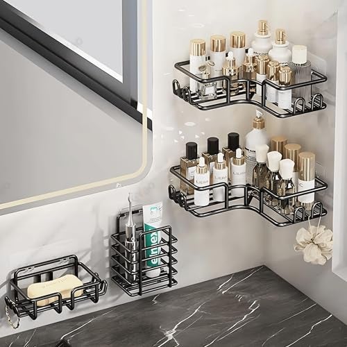 CLAPONE Stainless Steel Bath Organizers with Large Capacity Organizer Combo Racks and Shelves for Wall Stand for Bathroom Without Drill Soap Holder with Tooth Brush Holder Bathroom (Black, 4 PCS) - Image 1